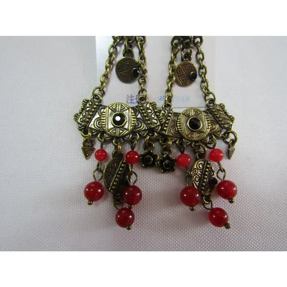Huimei Gold Geometric Aztec Red Bead Dangly Earrings Native American Boho Festiv